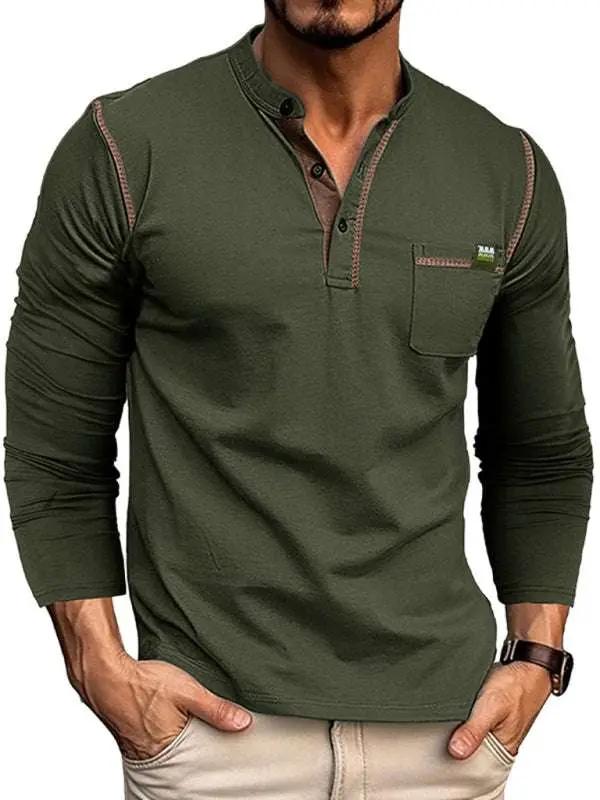 Apparel - Men's Vibrant Color Block Knit Henley Long Sleeve Tee - Men Shirts | MENLL